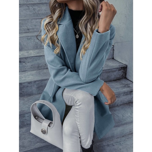 Lapel Collar Double Breasted gold button Overcoat pea coat light blue preppy - Picture 4 of 11